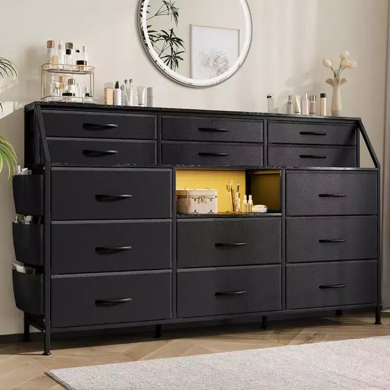 Comodino/Cassettiera in Tessuto Bianco/Nero con Top in Legno, 14 Cassetti, Monoutente
