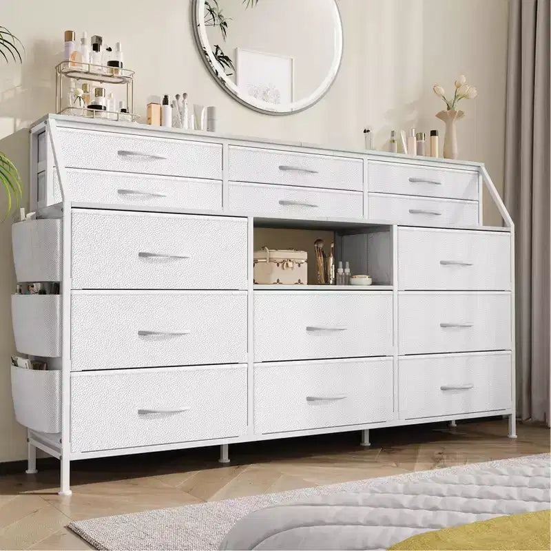 Comodino/Cassettiera in Tessuto Bianco/Nero con Top in Legno, 14 Cassetti, Monoutente