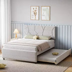 Acekool Upholstered Trundle Bed - Twin/Full Platform Frame with Pull-Out & Headboard