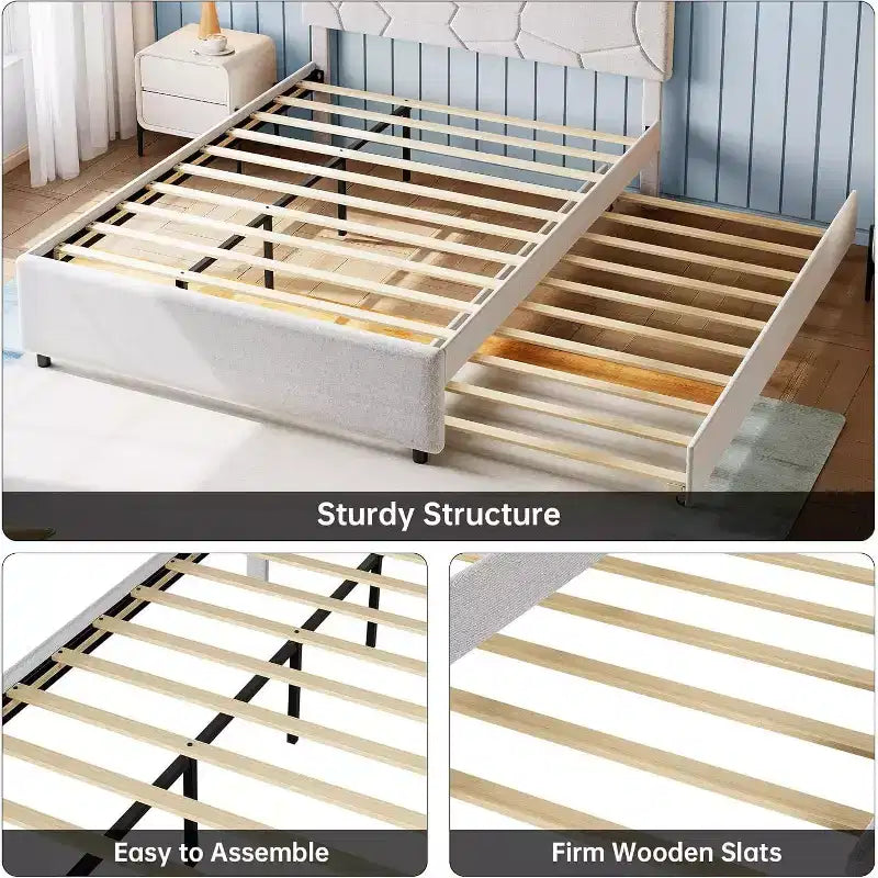 Letto estraibile imbottito grigio, struttura a piattaforma per materasso singolo/matrimoniale, due posti letto