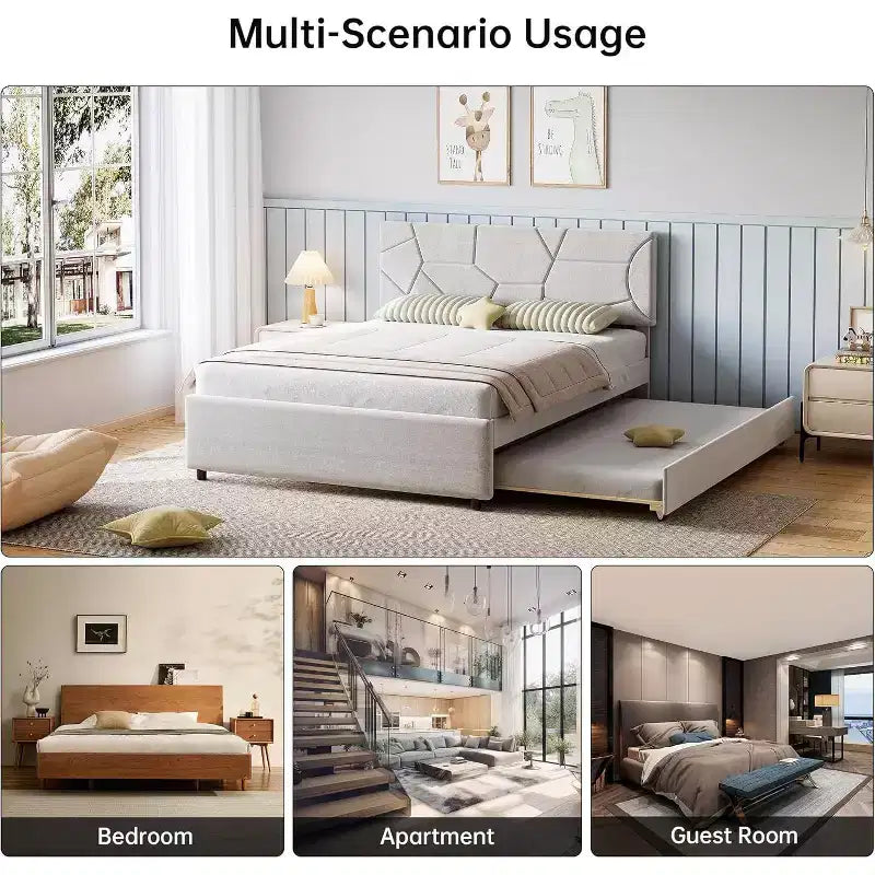 Letto estraibile imbottito grigio, struttura a piattaforma per materasso singolo/matrimoniale, due posti letto