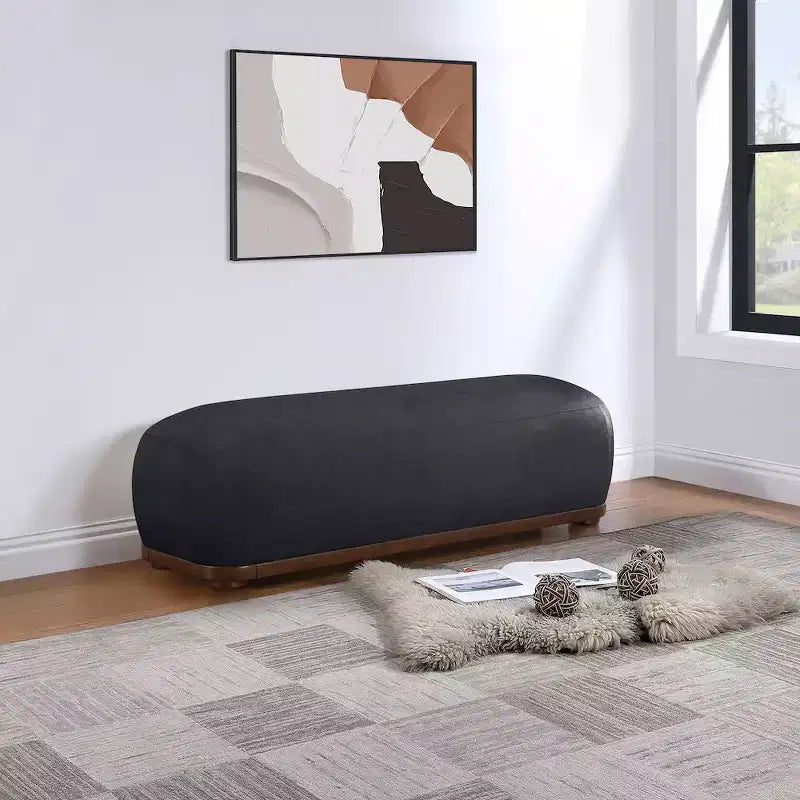 Panca in tessuto ciniglia nera/crema, stile moderno di metà secolo, 2–3 posti