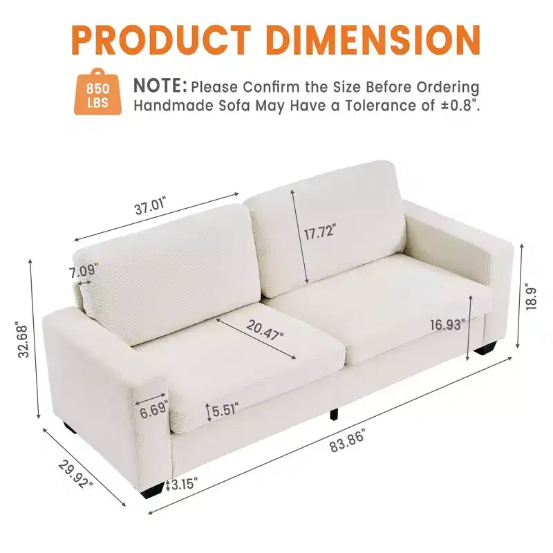Divano a 2 posti in velluto a coste beige/verde/grigio/rosso arancio, moderno con braccioli larghi