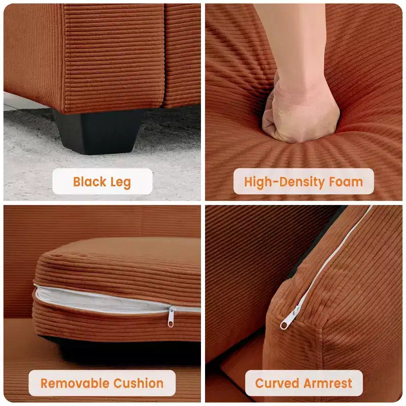 Divano a 2 posti in velluto a coste beige/verde/grigio/rosso arancio, moderno con braccioli larghi