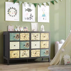 Cassettiera nera floreale a 6 cassetti, utente singolo, struttura in legno con maniglie in metallo