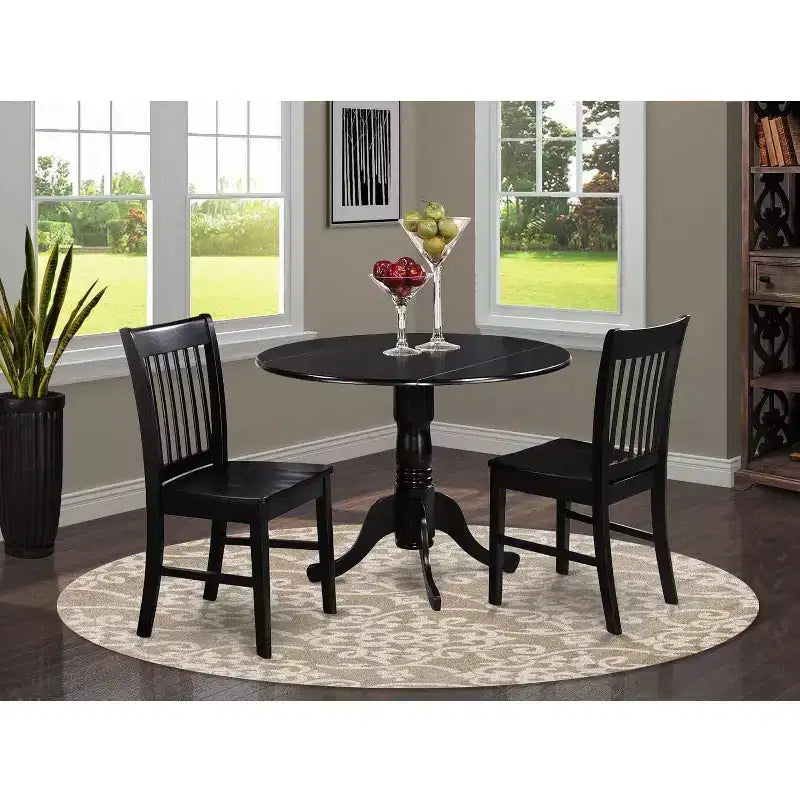 Set tavolo da pranzo rotondo con ante a ribalta, nero/rovere, 3 pezzi, 2 posti a sedere