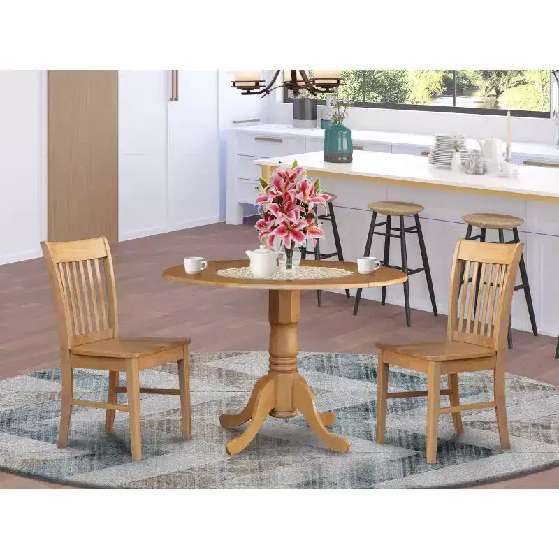 Set tavolo da pranzo rotondo con ante a ribalta, nero/rovere, 3 pezzi, 2 posti a sedere