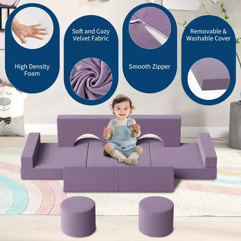 Divano letto componibile blu/rosa – Set divano trasformabile in schiuma a 13 pezzi per 2