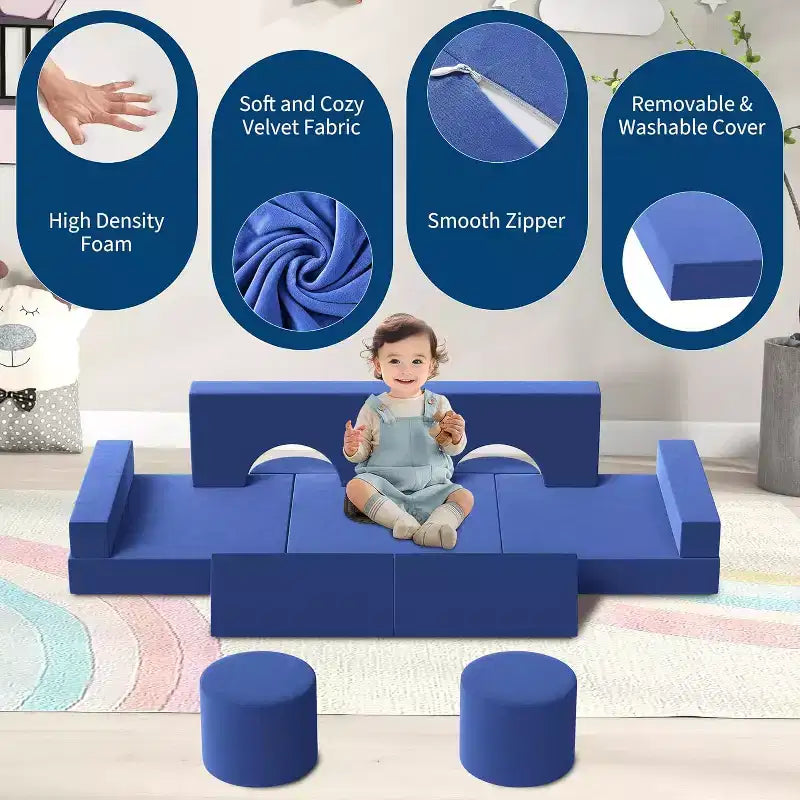 Divano letto componibile blu/rosa – Set divano trasformabile in schiuma a 13 pezzi per 2
