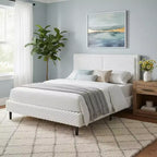 White Plush Upholstered Bed Frame with Soft Dual-Zone Backrest, Rounded Edges and Quiet Stable Support for Cozy Bedrooms, Queen