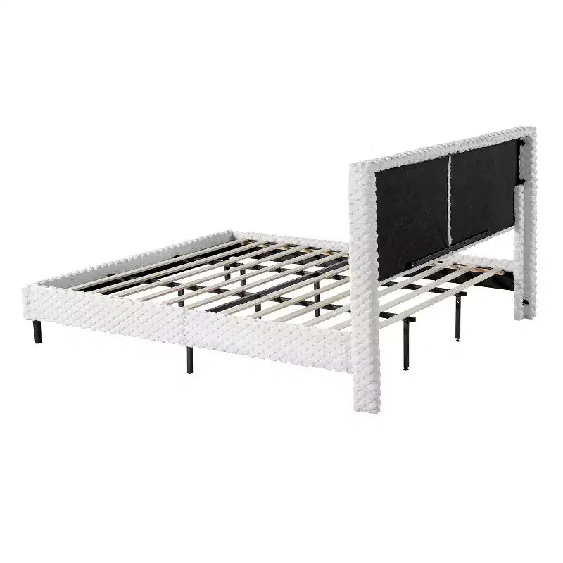 Letto a pannelli imbottito bianco con testiera imbottita, Queen