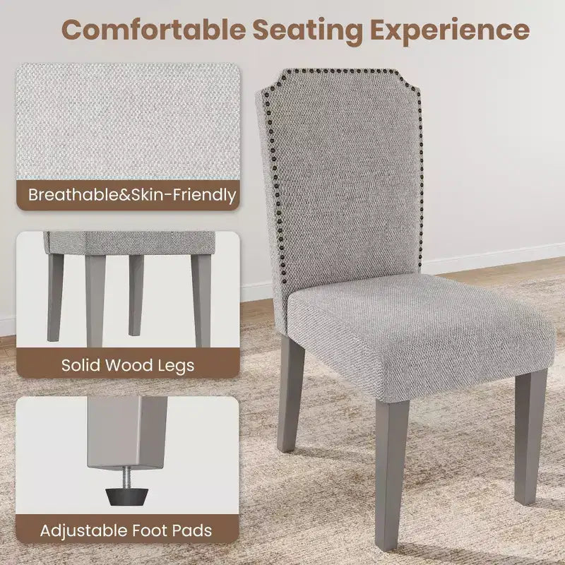 Sedia da pranzo imbottita senza braccioli, schienale alto, colore beige/grigio, tessuto in lino, sedile singolo