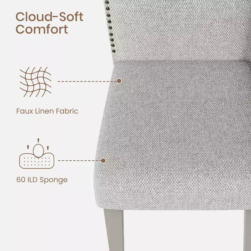 Sedia da pranzo imbottita senza braccioli, schienale alto, colore beige/grigio, tessuto in lino, sedile singolo