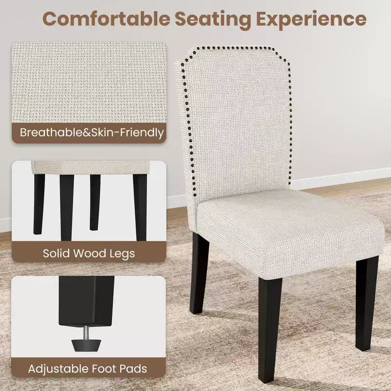 Sedia da pranzo imbottita senza braccioli, schienale alto, colore beige/grigio, tessuto in lino, sedile singolo