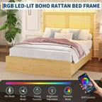 Struttura letto con testiera in rattan naturale e luci LED RGB, matrimoniale alla francese, per 1 persona