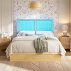 Struttura letto con testiera in rattan naturale e luci LED RGB, matrimoniale alla francese, per 1 persona