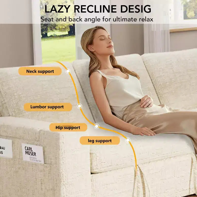 Divano letto a L da 82", beige/grigio/verde, 3 posti, reclinabile con chaise longue contenitore