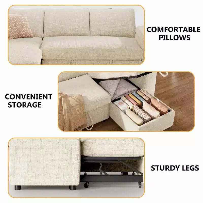 Divano letto a L da 82", beige/grigio/verde, 3 posti, reclinabile con chaise longue contenitore