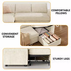 Divano letto a L da 82", beige/grigio/verde, 3 posti, reclinabile con chaise longue contenitore