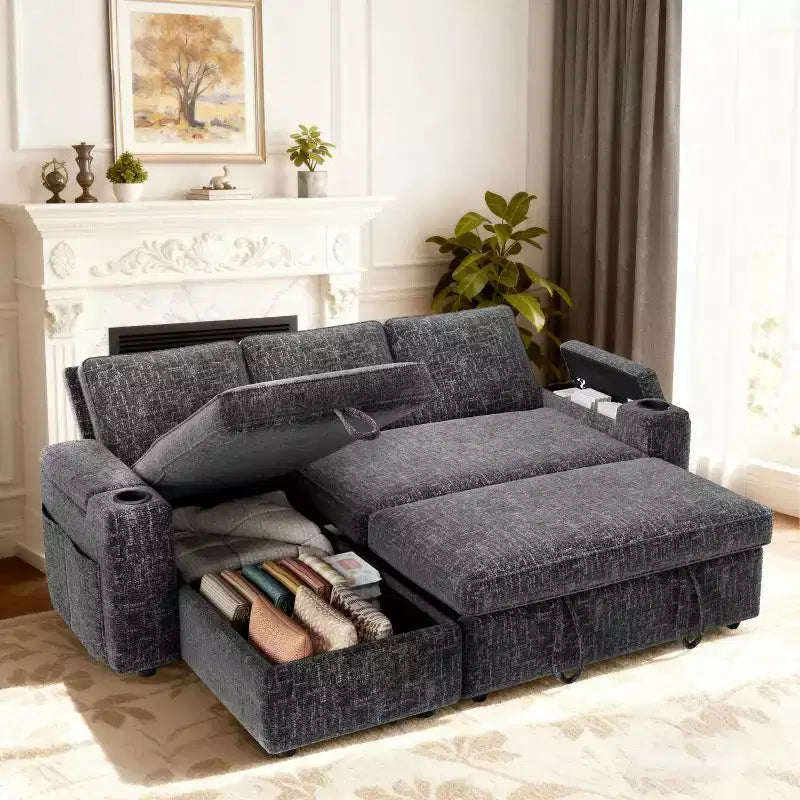 Divano letto a L da 82", beige/grigio/verde, 3 posti, reclinabile con chaise longue contenitore