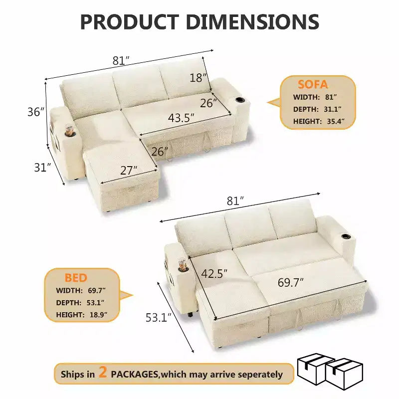 Divano letto a L da 82", beige/grigio/verde, 3 posti, reclinabile con chaise longue contenitore