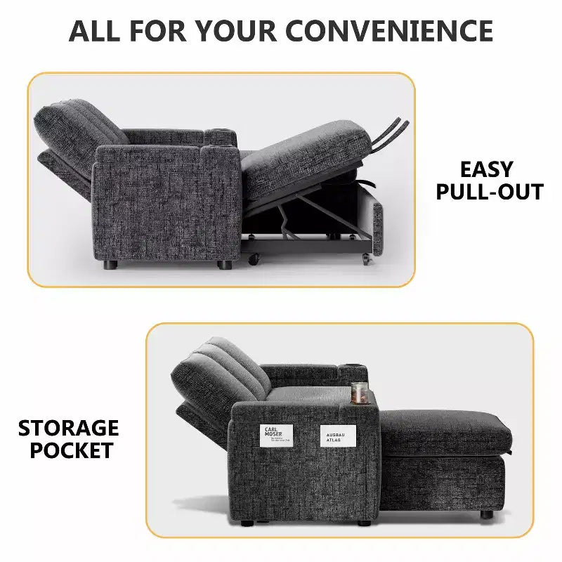 Divano letto a L da 82", beige/grigio/verde, 3 posti, reclinabile con chaise longue contenitore