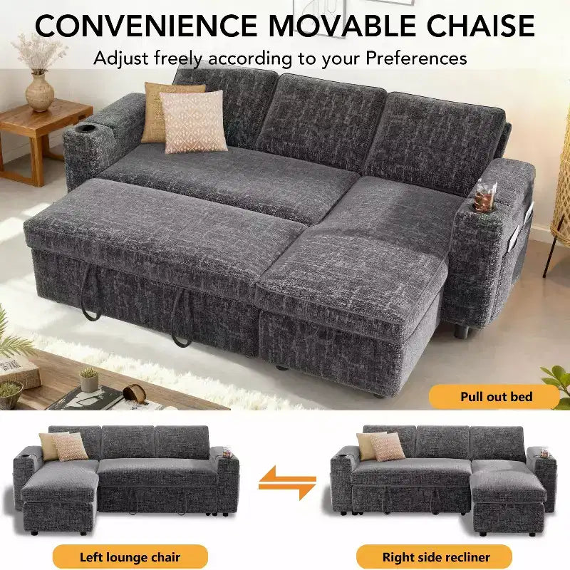 Divano letto a L da 82", beige/grigio/verde, 3 posti, reclinabile con chaise longue contenitore