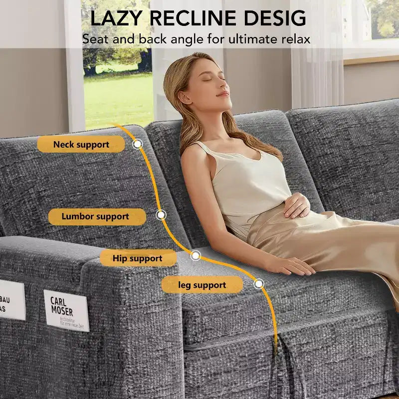Divano letto a L da 82", beige/grigio/verde, 3 posti, reclinabile con chaise longue contenitore