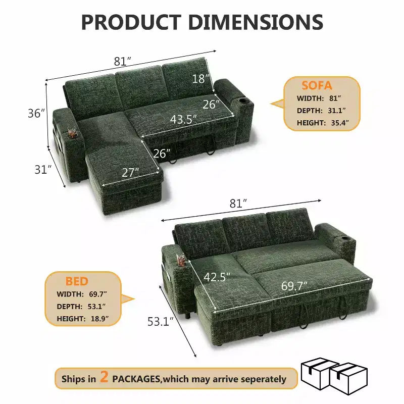 Divano letto a L da 82", beige/grigio/verde, 3 posti, reclinabile con chaise longue contenitore