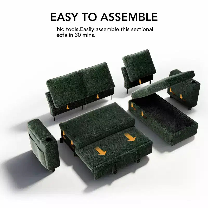 Divano letto a L da 82", beige/grigio/verde, 3 posti, reclinabile con chaise longue contenitore