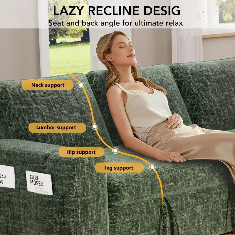 Divano letto a L da 82", beige/grigio/verde, 3 posti, reclinabile con chaise longue contenitore