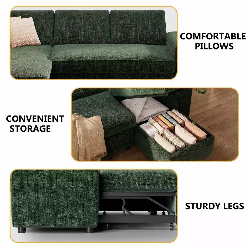 Divano letto a L da 82", beige/grigio/verde, 3 posti, reclinabile con chaise longue contenitore
