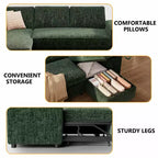 Divano letto a L da 82", beige/grigio/verde, 3 posti, reclinabile con chaise longue contenitore