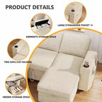 Divano letto a L da 82", beige/grigio/verde, 3 posti, reclinabile con chaise longue contenitore