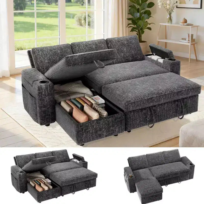 Divano letto a L da 82", beige/grigio/verde, 3 posti, reclinabile con chaise longue contenitore