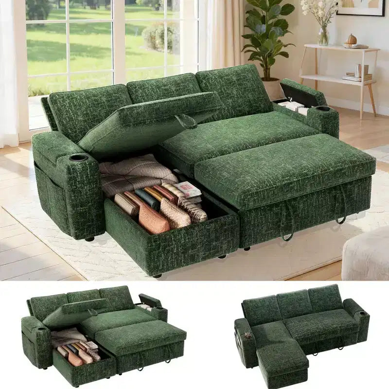 Divano letto a L da 82", beige/grigio/verde, 3 posti, reclinabile con chaise longue contenitore