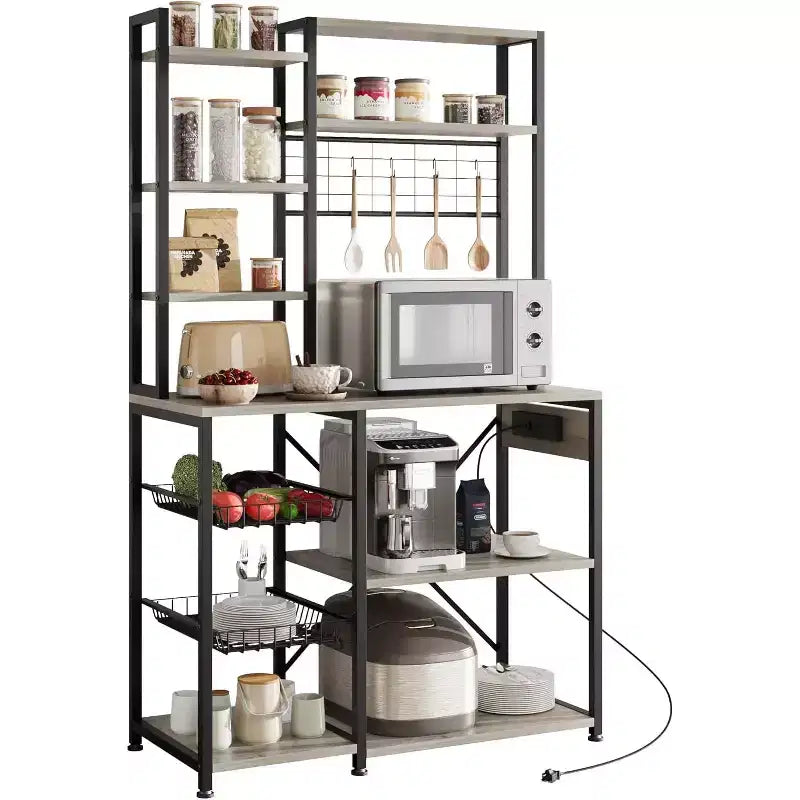 Scaffale da Panettiere a 7 Ripiani Marrone/Grigio con Presa di Corrente, Cassetti a Rete e Ganci, 1 Postazione