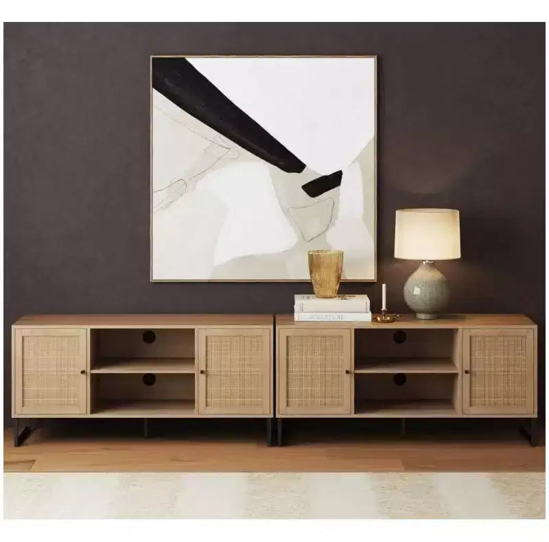 Set di 2 Mobili TV in Rattan Quercia Chiaro a 2 Ante, Adatti per TV fino a 50"