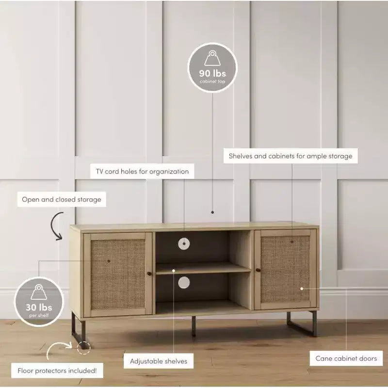 Set di 2 Mobili TV in Rattan Quercia Chiaro a 2 Ante, Adatti per TV fino a 50"