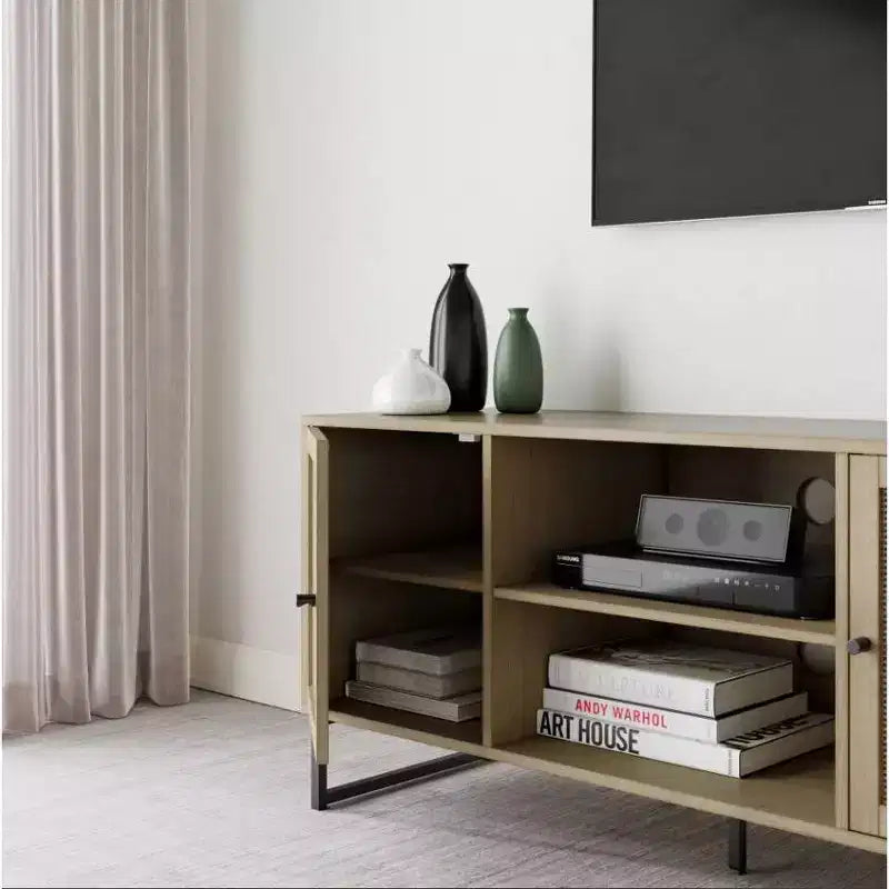 Set di 2 Mobili TV in Rattan Quercia Chiaro a 2 Ante, Adatti per TV fino a 50"