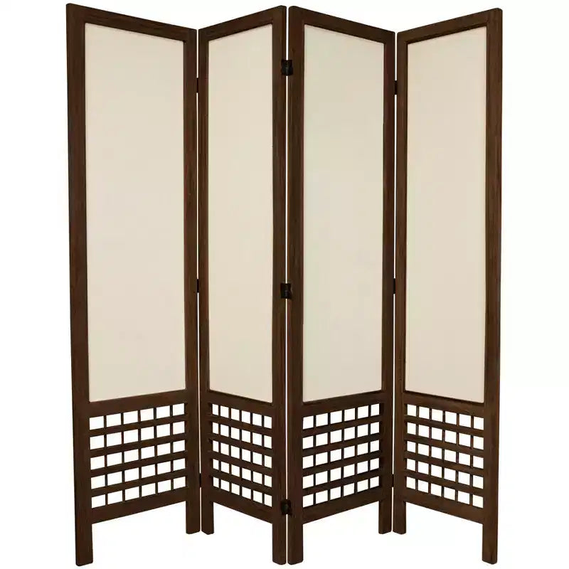 5 1/2ft. Tall 4 Panels Open Lattice Fabric Room Divider Burnt Brown - Oriental Furniture: Hardwood Frame, No Assembly Required