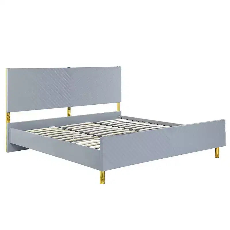Letto matrimoniale grigio lucido con cassetto portaoggetti – Motivo a onde, 1 posto