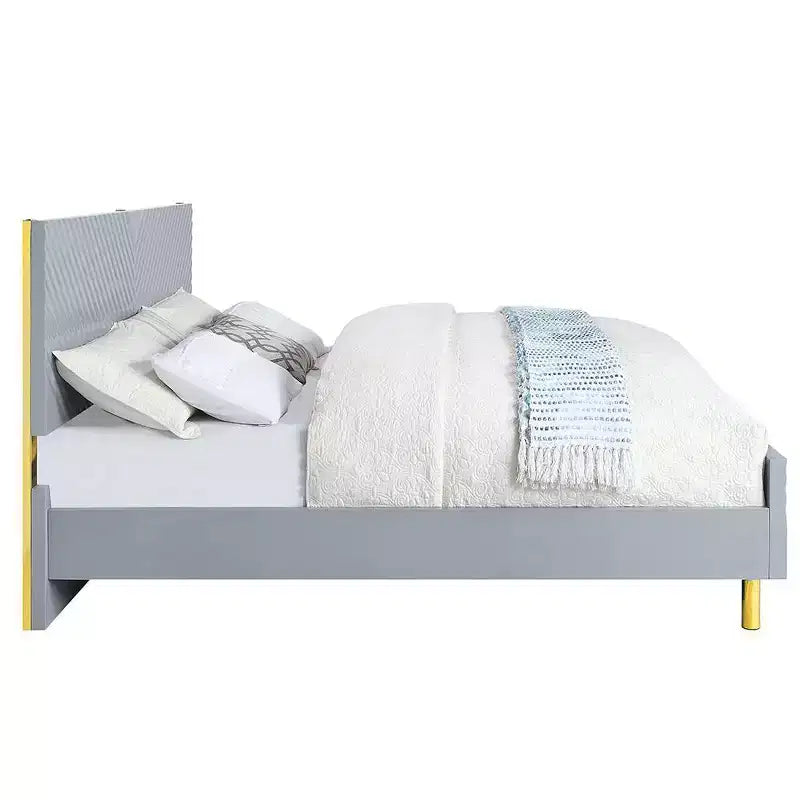 Letto matrimoniale grigio lucido con cassetto portaoggetti – Motivo a onde, 1 posto