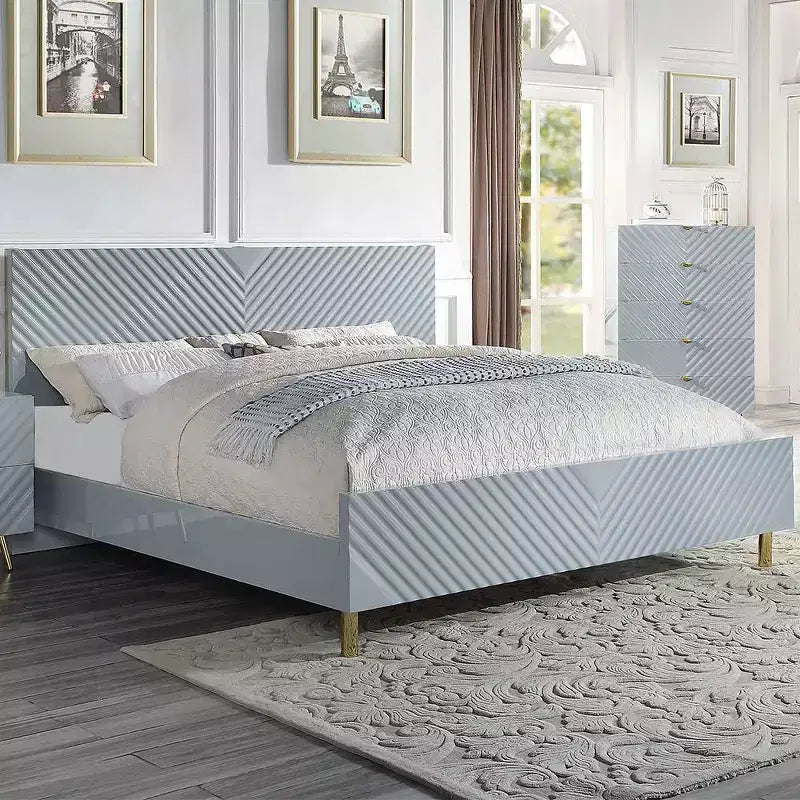 Letto matrimoniale grigio lucido con cassetto portaoggetti – Motivo a onde, 1 posto