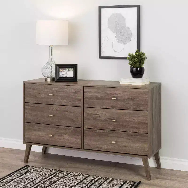 Comò con 6 cassetti in stile moderno di metà secolo, nero / grigio sbiancato / bianco / ciliegio, assemblaggio da 1 persona