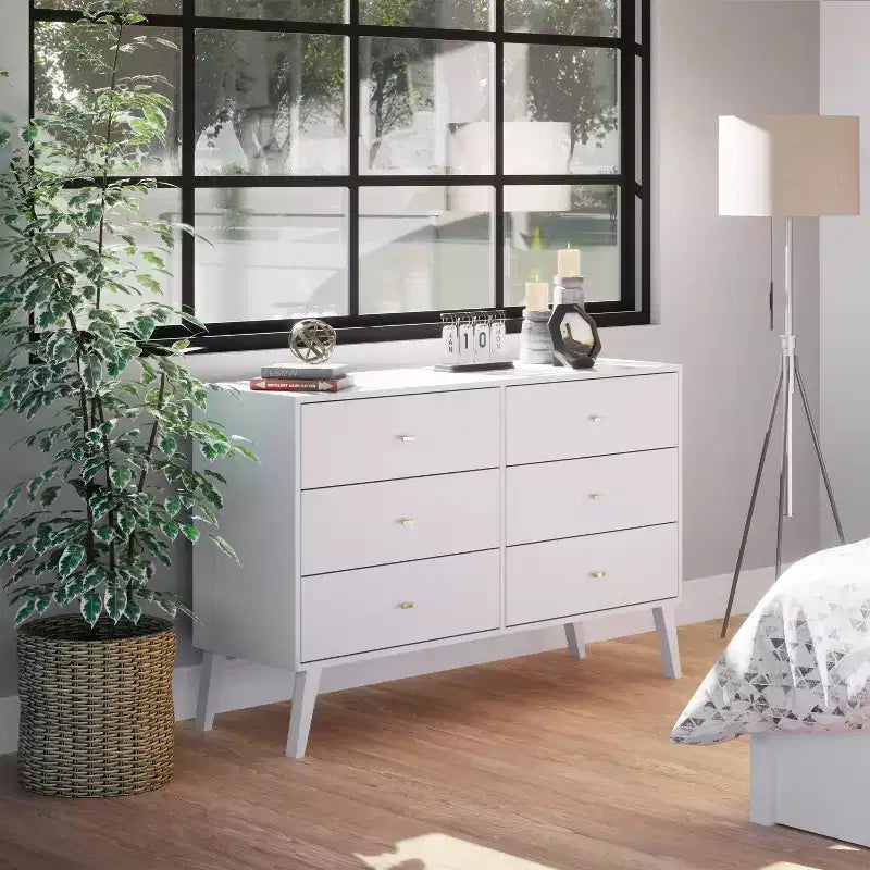 Comò con 6 cassetti in stile moderno di metà secolo, nero / grigio sbiancato / bianco / ciliegio, assemblaggio da 1 persona