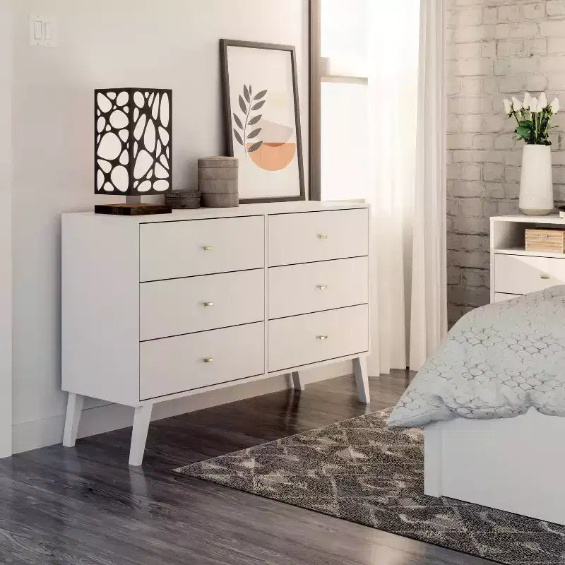 Comò con 6 cassetti in stile moderno di metà secolo, nero / grigio sbiancato / bianco / ciliegio, assemblaggio da 1 persona