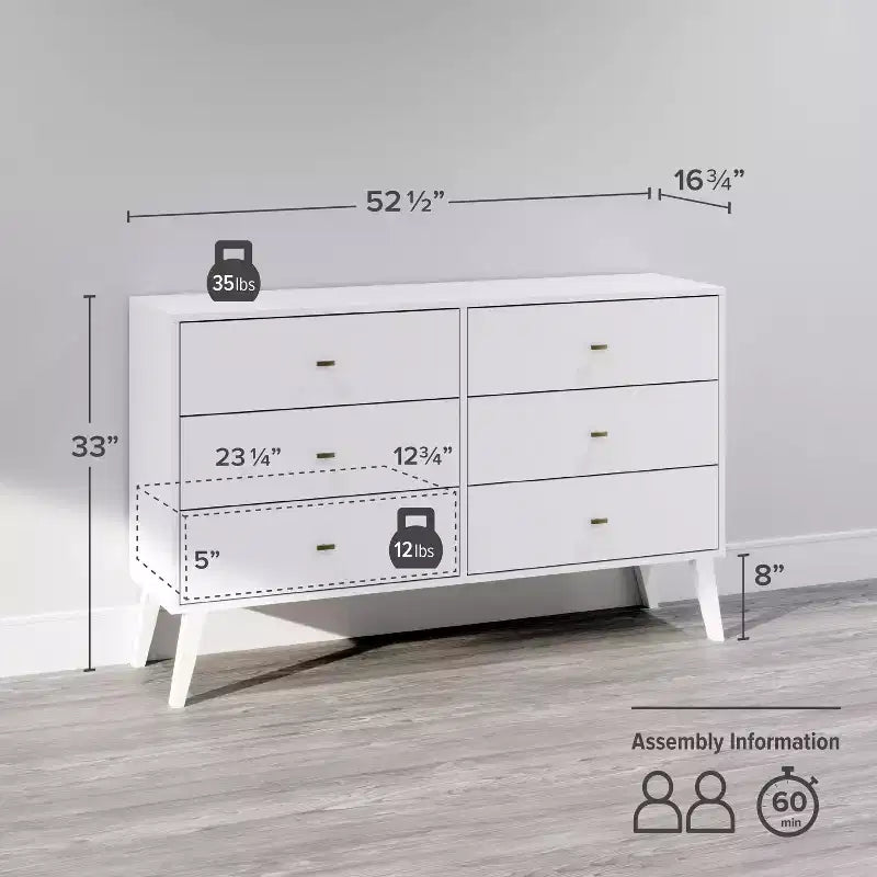 Comò con 6 cassetti in stile moderno di metà secolo, nero / grigio sbiancato / bianco / ciliegio, assemblaggio da 1 persona