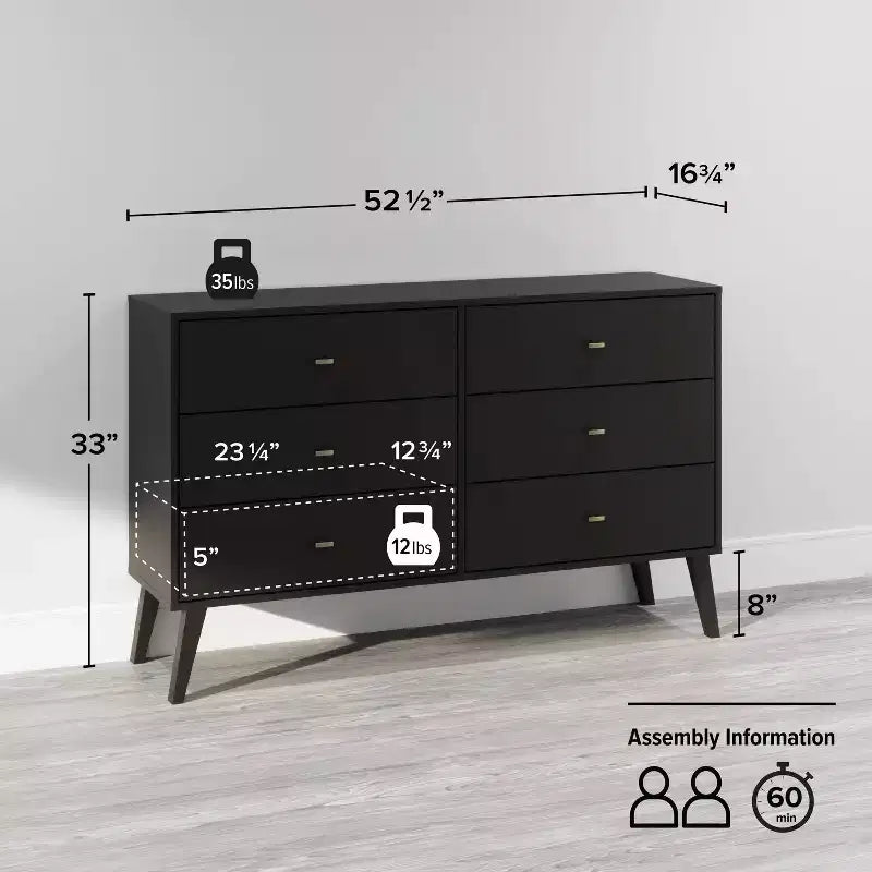 Comò con 6 cassetti in stile moderno di metà secolo, nero / grigio sbiancato / bianco / ciliegio, assemblaggio da 1 persona