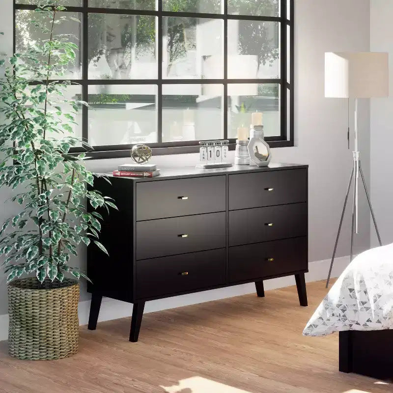 Comò con 6 cassetti in stile moderno di metà secolo, nero / grigio sbiancato / bianco / ciliegio, assemblaggio da 1 persona